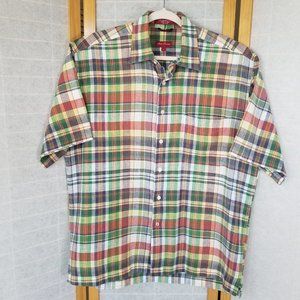 ALAN FLUSSER Linen Shirt Linen Blend Madras Plaid Short Sleeve Button Down Shirt